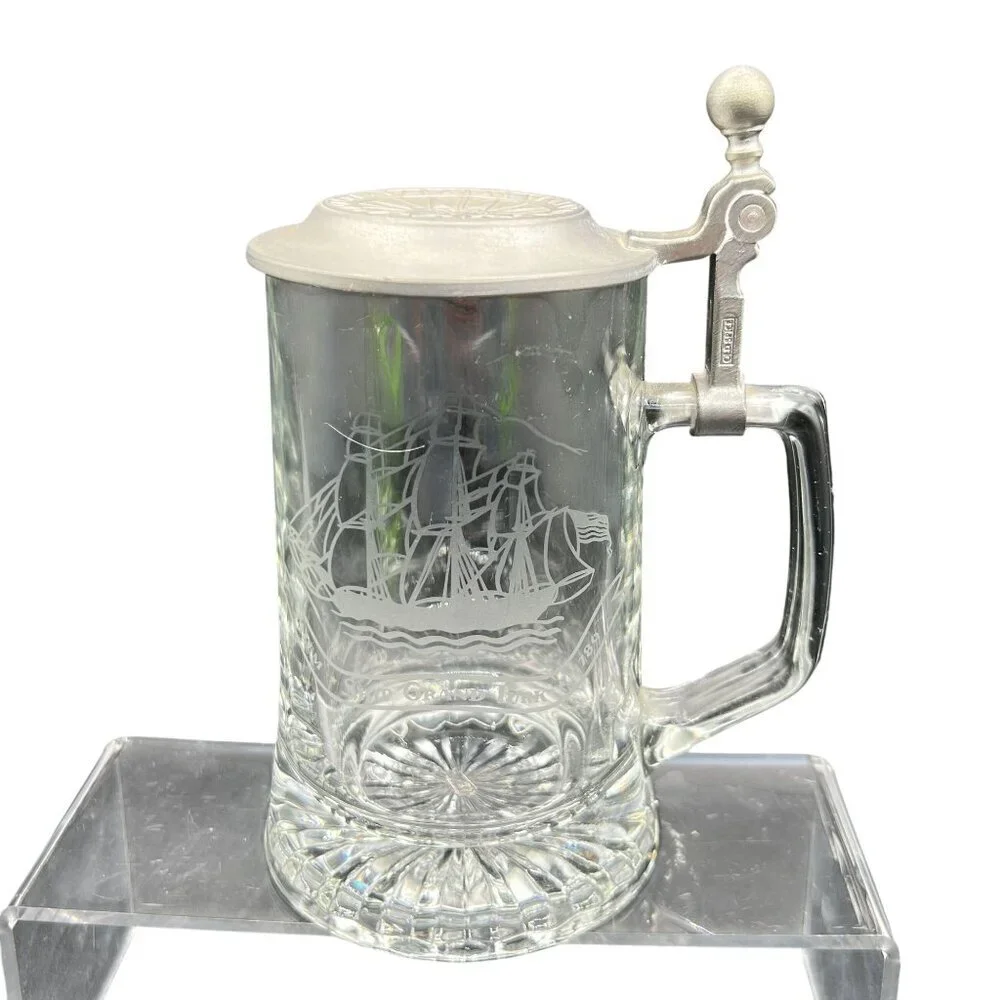 Vintage Old Spice Glass Beer Stein Pewter Lid Etched Sailboat By ALWE W-Germany